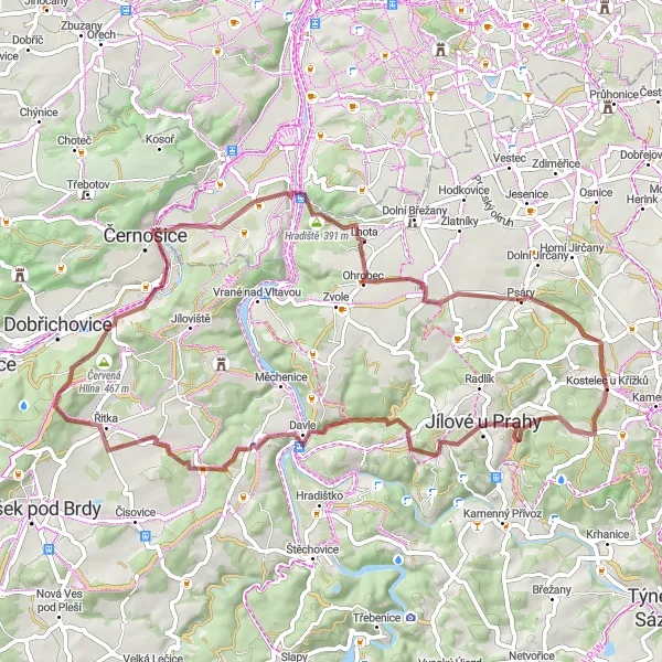 Mapa miniatúra "Cyklotrasa Jílové u Prahy - Kostelec u Křížků" cyklistická inšpirácia v Střední Čechy, Czech Republic. Vygenerované cyklistickým plánovačom trás Tarmacs.app