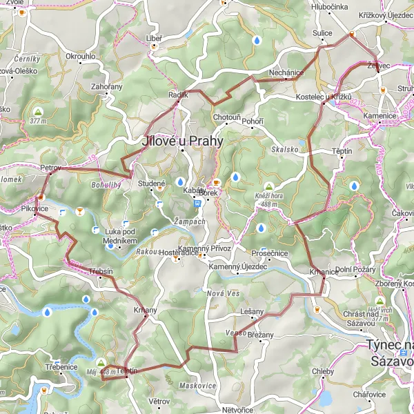 Miniaturní mapa "Gravel route to the heart of Střední Čechy" inspirace pro cyklisty v oblasti Střední Čechy, Czech Republic. Vytvořeno pomocí plánovače tras Tarmacs.app