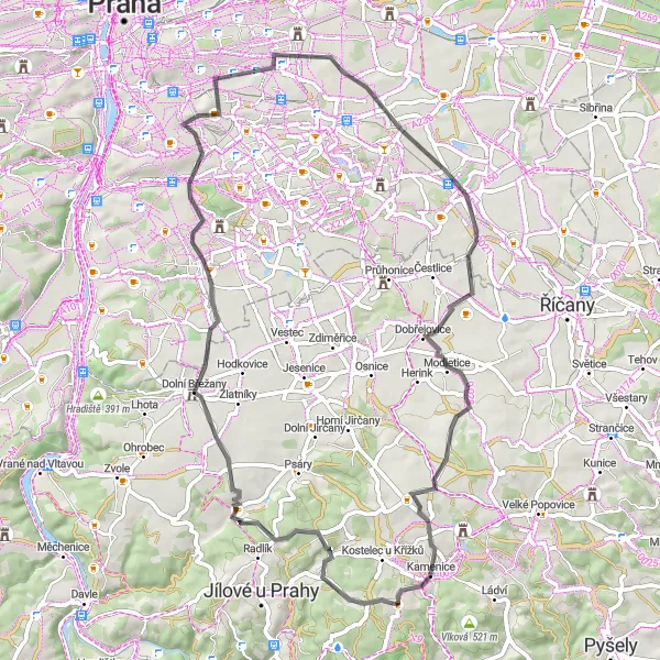 Karten-Miniaturansicht der Radinspiration "Rundfahrt über 61 km durch Střední Čechy" in Střední Čechy, Czech Republic. Erstellt vom Tarmacs.app-Routenplaner für Radtouren