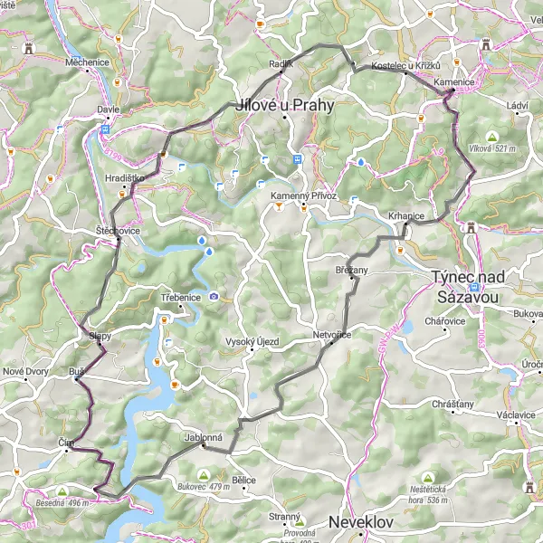 Map miniature of "Hills of History" cycling inspiration in Střední Čechy, Czech Republic. Generated by Tarmacs.app cycling route planner
