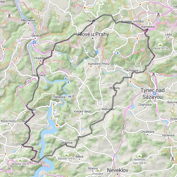 Miniaturní mapa "Kamenice - Kamenice" inspirace pro cyklisty v oblasti Střední Čechy, Czech Republic. Vytvořeno pomocí plánovače tras Tarmacs.app