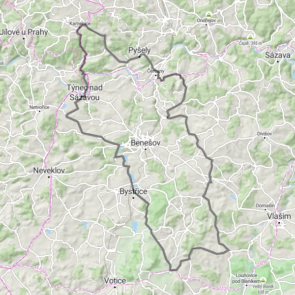 Karten-Miniaturansicht der Radinspiration "Road Tour nach Čerčanský chlum" in Střední Čechy, Czech Republic. Erstellt vom Tarmacs.app-Routenplaner für Radtouren