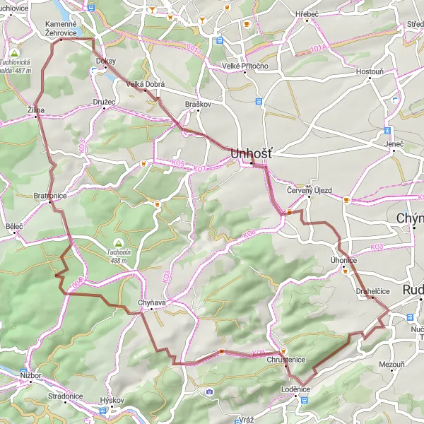 Mapa miniatúra "Gravel okolo Kamenná" cyklistická inšpirácia v Střední Čechy, Czech Republic. Vygenerované cyklistickým plánovačom trás Tarmacs.app