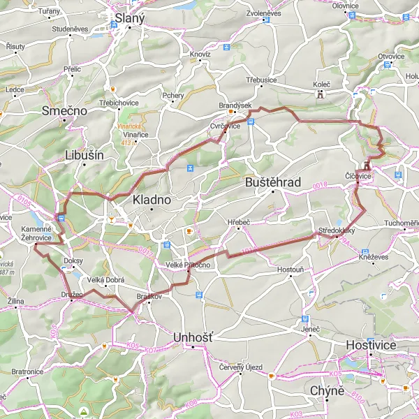 Map miniature of "Kamenné Žehrovice Gravel Adventure" cycling inspiration in Střední Čechy, Czech Republic. Generated by Tarmacs.app cycling route planner