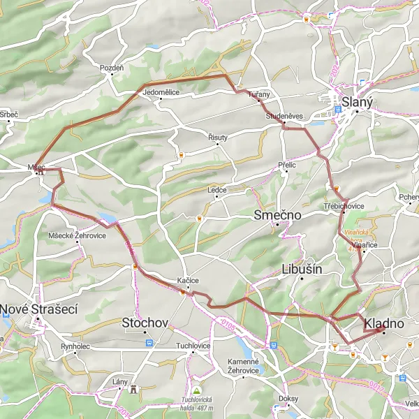 Map miniature of "Gravel Discovery of Čelechovice, Tuřany, Třebichovice, Vinařická hora, Jáma Engerth" cycling inspiration in Střední Čechy, Czech Republic. Generated by Tarmacs.app cycling route planner