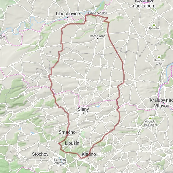 Map miniature of "Scenic Gravel Ride to Tuřany, Vraný, Budyně nad Ohří, Hospozínek, Osluchov, Brandýsek" cycling inspiration in Střední Čechy, Czech Republic. Generated by Tarmacs.app cycling route planner