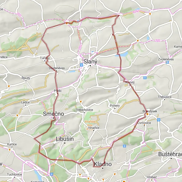 Map miniature of "Gravel Adventure to Přelíc, Lotouš, vrch Řipec, Beřovice, Knovíz, Jáma Kübeck" cycling inspiration in Střední Čechy, Czech Republic. Generated by Tarmacs.app cycling route planner
