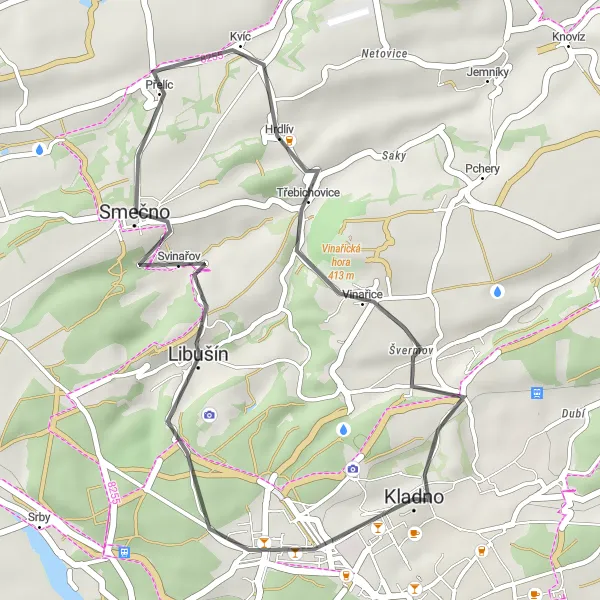Map miniature of "The Vinařice Road Loop" cycling inspiration in Střední Čechy, Czech Republic. Generated by Tarmacs.app cycling route planner