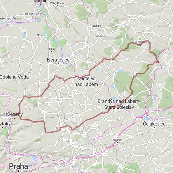 Mapa miniatúra "Trasa cez Klecany a Popovice" cyklistická inšpirácia v Střední Čechy, Czech Republic. Vygenerované cyklistickým plánovačom trás Tarmacs.app