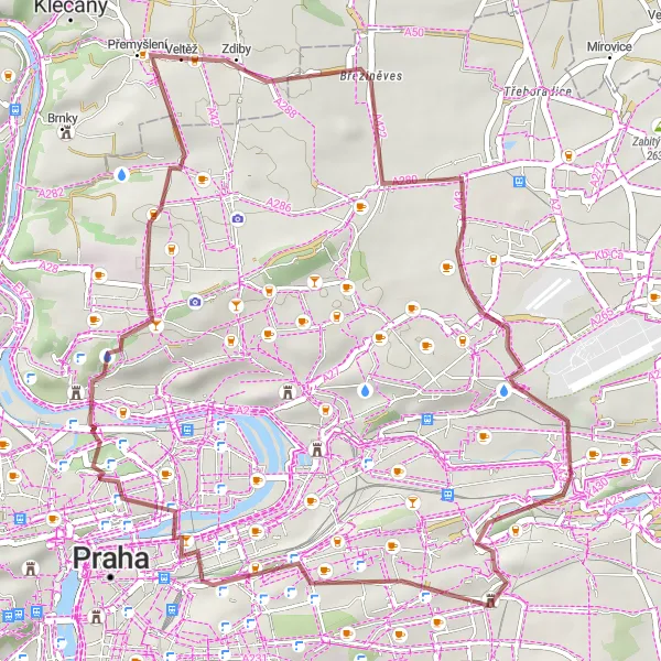 Map miniature of "Gravel Route to Veltěž" cycling inspiration in Střední Čechy, Czech Republic. Generated by Tarmacs.app cycling route planner