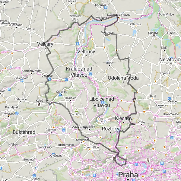 Mapa miniatúra "Cyklistická trasa cez Střední Čechy a okolie" cyklistická inšpirácia v Střední Čechy, Czech Republic. Vygenerované cyklistickým plánovačom trás Tarmacs.app