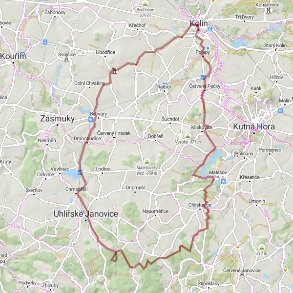 Miniaturní mapa "Trasa kolem Kolína" inspirace pro cyklisty v oblasti Střední Čechy, Czech Republic. Vytvořeno pomocí plánovače tras Tarmacs.app