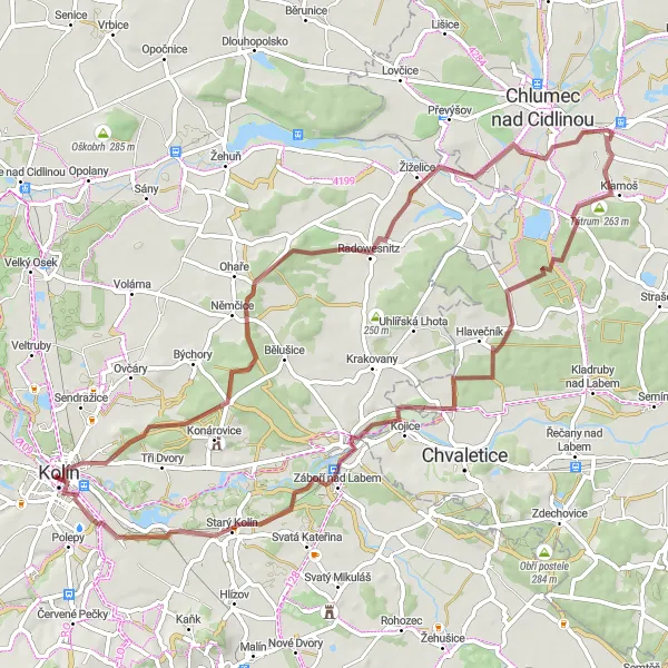 Miniaturní mapa "Gravel trasa Starý Kolín" inspirace pro cyklisty v oblasti Střední Čechy, Czech Republic. Vytvořeno pomocí plánovače tras Tarmacs.app