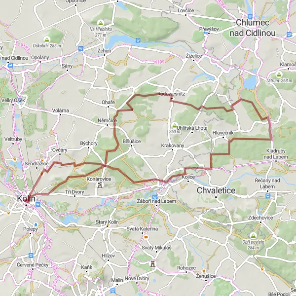 Map miniature of "Gravel Route around Kolín" cycling inspiration in Střední Čechy, Czech Republic. Generated by Tarmacs.app cycling route planner