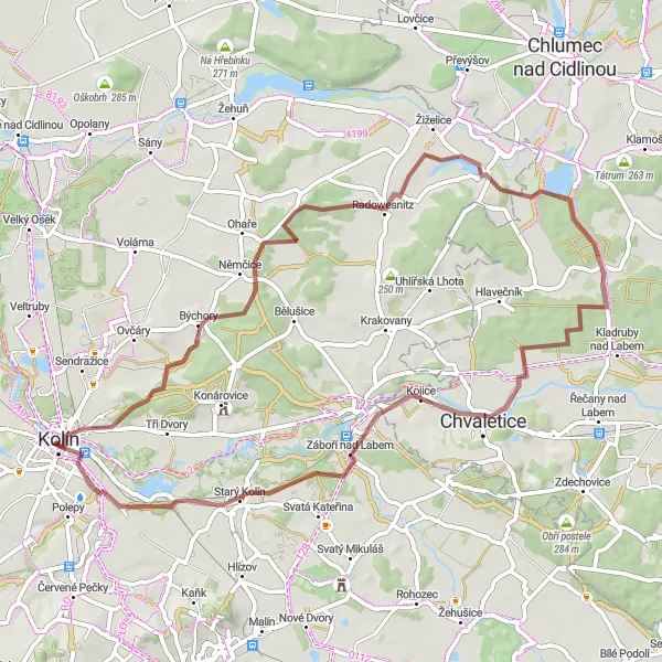 Miniaturní mapa "Kolín V - Radovesnice Ⅱ - Selmice - Vratiškovka - Starý Kolín - Kolín I" inspirace pro cyklisty v oblasti Střední Čechy, Czech Republic. Vytvořeno pomocí plánovače tras Tarmacs.app