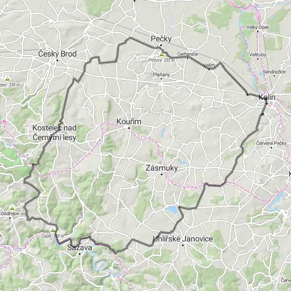 Map miniature of "Challenging Road Route to Tatce" cycling inspiration in Střední Čechy, Czech Republic. Generated by Tarmacs.app cycling route planner