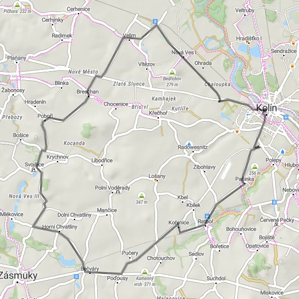 Miniaturní mapa "Okruh kolem Kolína" inspirace pro cyklisty v oblasti Střední Čechy, Czech Republic. Vytvořeno pomocí plánovače tras Tarmacs.app