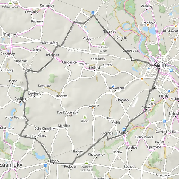 Karten-Miniaturansicht der Radinspiration "Kolín-Kořenice-Břežany-Kolín" in Střední Čechy, Czech Republic. Erstellt vom Tarmacs.app-Routenplaner für Radtouren