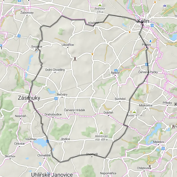 Miniaturní mapa "Výlet po silnici kolem Kolína" inspirace pro cyklisty v oblasti Střední Čechy, Czech Republic. Vytvořeno pomocí plánovače tras Tarmacs.app
