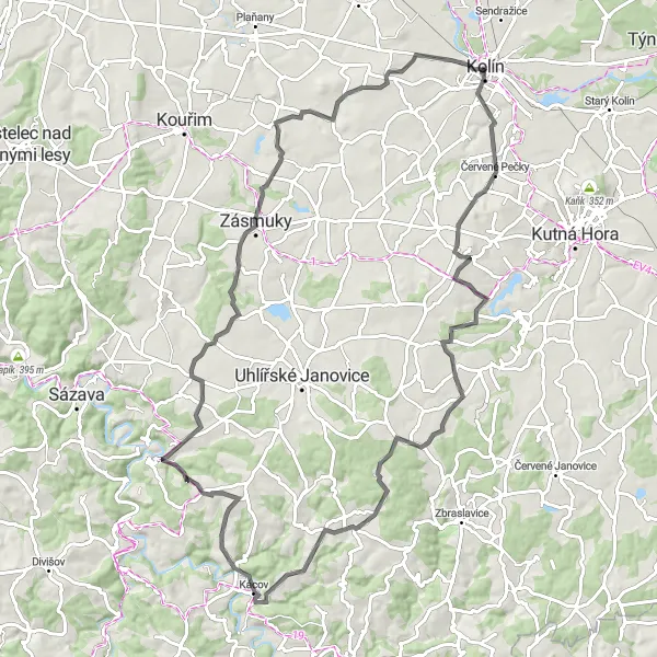 Miniaturní mapa "Trasa Kutlíře" inspirace pro cyklisty v oblasti Střední Čechy, Czech Republic. Vytvořeno pomocí plánovače tras Tarmacs.app