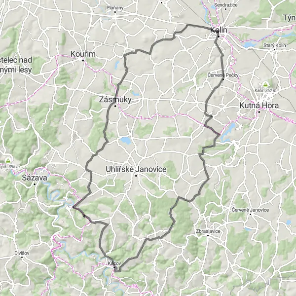 Mapa miniatúra "Cestné Dobrodružstvo z Kolína" cyklistická inšpirácia v Střední Čechy, Czech Republic. Vygenerované cyklistickým plánovačom trás Tarmacs.app