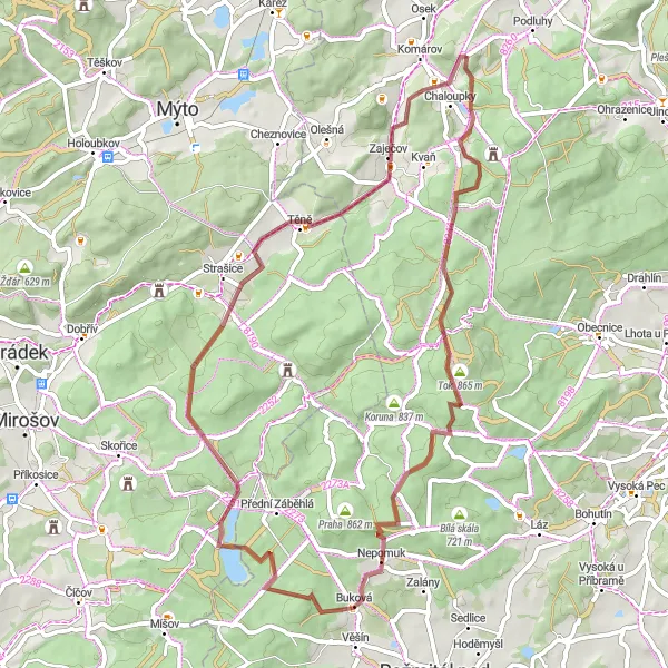 Miniaturní mapa "Gravel Kolem Komárova" inspirace pro cyklisty v oblasti Střední Čechy, Czech Republic. Vytvořeno pomocí plánovače tras Tarmacs.app