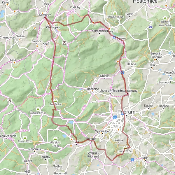 Miniaturní mapa "Okružní cesta kolem Komárova" inspirace pro cyklisty v oblasti Střední Čechy, Czech Republic. Vytvořeno pomocí plánovače tras Tarmacs.app