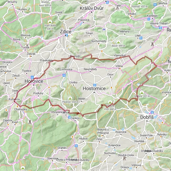 Mapa miniatúra "Otmíčská hora - Jedová hora gravel cyklotrasa" cyklistická inšpirácia v Střední Čechy, Czech Republic. Vygenerované cyklistickým plánovačom trás Tarmacs.app