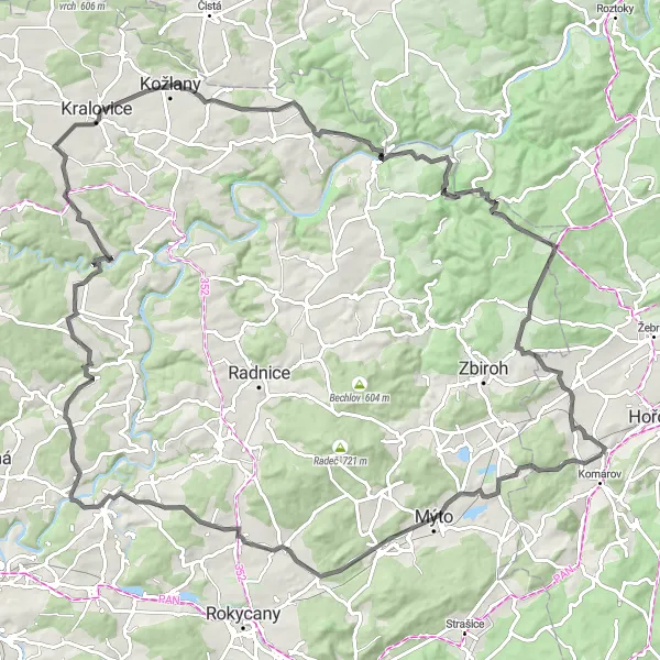 Miniaturní mapa "Road Kolem Komárova" inspirace pro cyklisty v oblasti Střední Čechy, Czech Republic. Vytvořeno pomocí plánovače tras Tarmacs.app