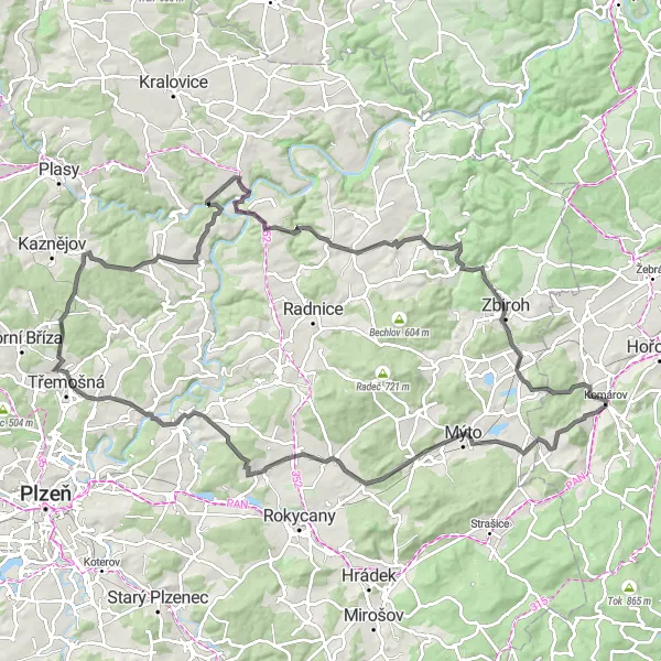 Miniaturní mapa "Cesta přes Červený vrch" inspirace pro cyklisty v oblasti Střední Čechy, Czech Republic. Vytvořeno pomocí plánovače tras Tarmacs.app