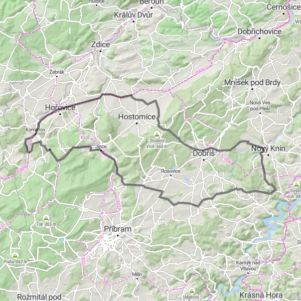 Miniaturní mapa "Road Po Okolí Komárova" inspirace pro cyklisty v oblasti Střední Čechy, Czech Republic. Vytvořeno pomocí plánovače tras Tarmacs.app