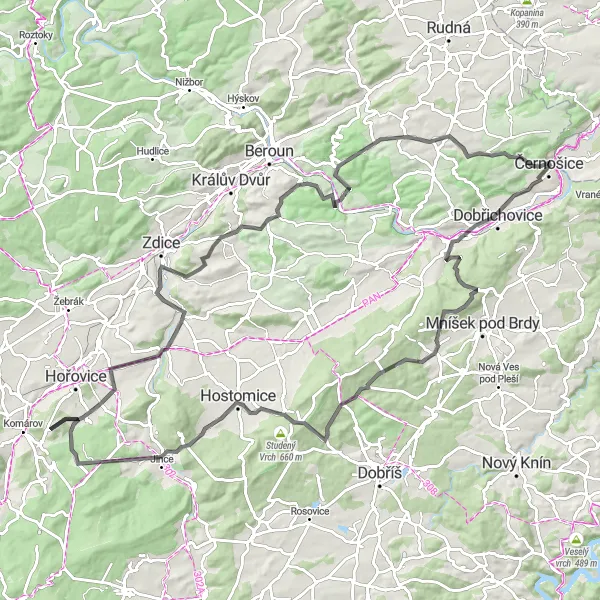 Miniaturní mapa "Cyklotrasa okolo Libomyše" inspirace pro cyklisty v oblasti Střední Čechy, Czech Republic. Vytvořeno pomocí plánovače tras Tarmacs.app