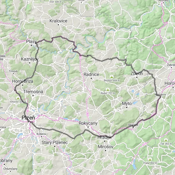 Miniaturní mapa "Road Okolím Komárova" inspirace pro cyklisty v oblasti Střední Čechy, Czech Republic. Vytvořeno pomocí plánovače tras Tarmacs.app