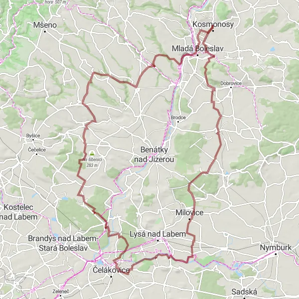 Miniaturní mapa "Gravel Rides: Kosmonosy Loop" inspirace pro cyklisty v oblasti Střední Čechy, Czech Republic. Vytvořeno pomocí plánovače tras Tarmacs.app