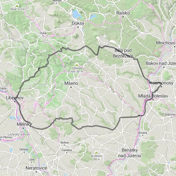 Miniaturní mapa "Historické památky a přírodní krása" inspirace pro cyklisty v oblasti Střední Čechy, Czech Republic. Vytvořeno pomocí plánovače tras Tarmacs.app