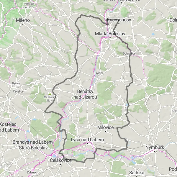 Miniaturní mapa "Road Adventure: Všejany and Beyond" inspirace pro cyklisty v oblasti Střední Čechy, Czech Republic. Vytvořeno pomocí plánovače tras Tarmacs.app