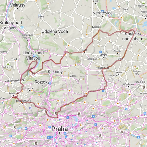 Mapa miniatúra "Kolová trasa od Kostelce nad Labem" cyklistická inšpirácia v Střední Čechy, Czech Republic. Vygenerované cyklistickým plánovačom trás Tarmacs.app