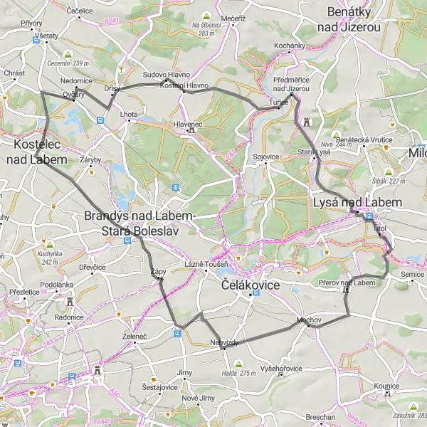 Map miniature of "Scenic Road Cycling Adventure near Kostelec nad Labem" cycling inspiration in Střední Čechy, Czech Republic. Generated by Tarmacs.app cycling route planner