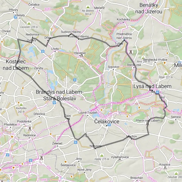 Mapa miniatúra "Cyklotrasy po cestách okolo Kostelce nad Labem" cyklistická inšpirácia v Střední Čechy, Czech Republic. Vygenerované cyklistickým plánovačom trás Tarmacs.app