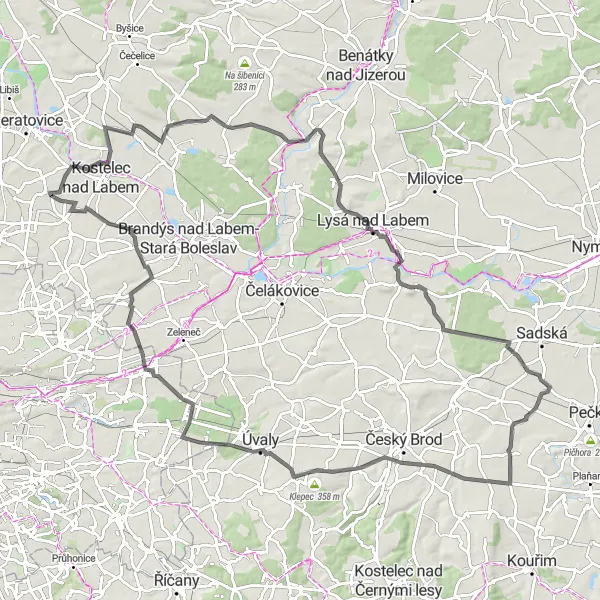 Karten-Miniaturansicht der Radinspiration "Eine 106 km lange Straßenroute durch die malerische Landschaft von Střední Čechy" in Střední Čechy, Czech Republic. Erstellt vom Tarmacs.app-Routenplaner für Radtouren