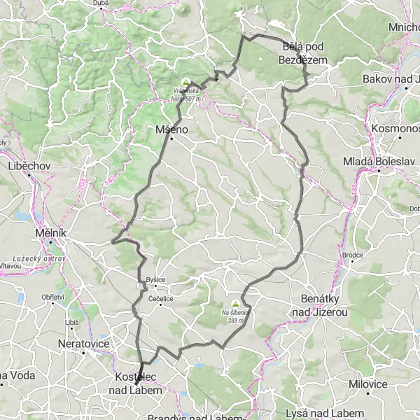 Map miniature of "Escape to the Hills: Challenging Road Cycling Route" cycling inspiration in Střední Čechy, Czech Republic. Generated by Tarmacs.app cycling route planner