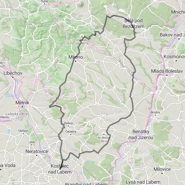 Karten-Miniaturansicht der Radinspiration "Hügeliges Abenteuer rund um Kostelec nad Labem" in Střední Čechy, Czech Republic. Erstellt vom Tarmacs.app-Routenplaner für Radtouren