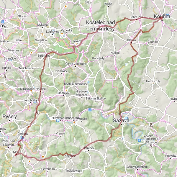 Miniaturní mapa "Gravelová cyklotrasa kolem Kouřimi s rozhlednou" inspirace pro cyklisty v oblasti Střední Čechy, Czech Republic. Vytvořeno pomocí plánovače tras Tarmacs.app