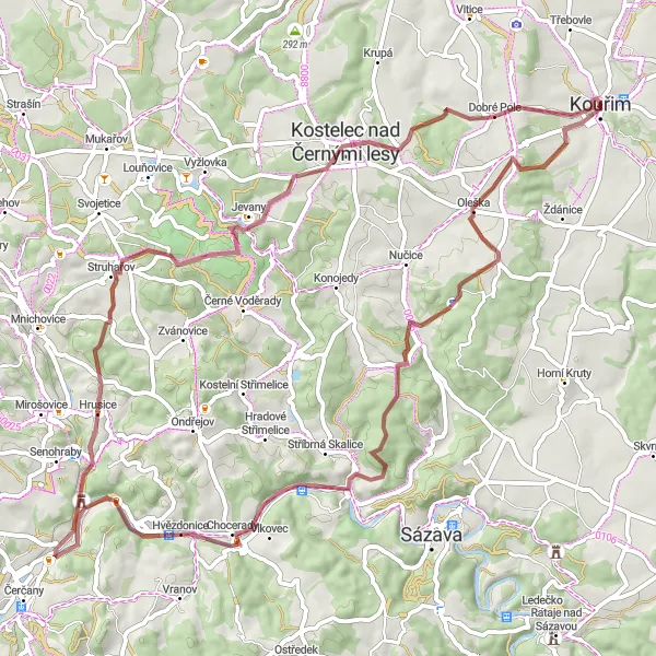 Miniaturní mapa "Gravelová cyklotrasa kolem Kouřimi" inspirace pro cyklisty v oblasti Střední Čechy, Czech Republic. Vytvořeno pomocí plánovače tras Tarmacs.app