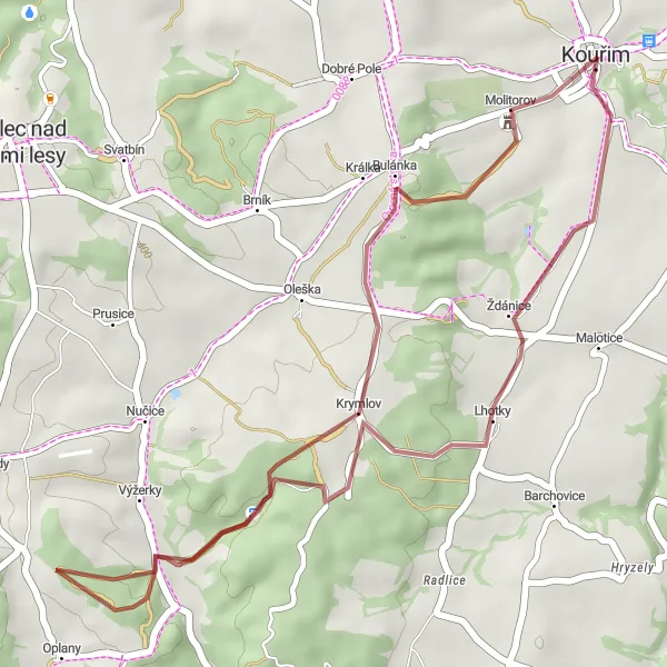Map miniature of "Kouřim Gravel Route" cycling inspiration in Střední Čechy, Czech Republic. Generated by Tarmacs.app cycling route planner