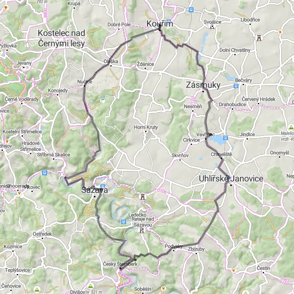 Map miniature of "Sobočice and Český Šternberk Road Cycling Adventure" cycling inspiration in Střední Čechy, Czech Republic. Generated by Tarmacs.app cycling route planner
