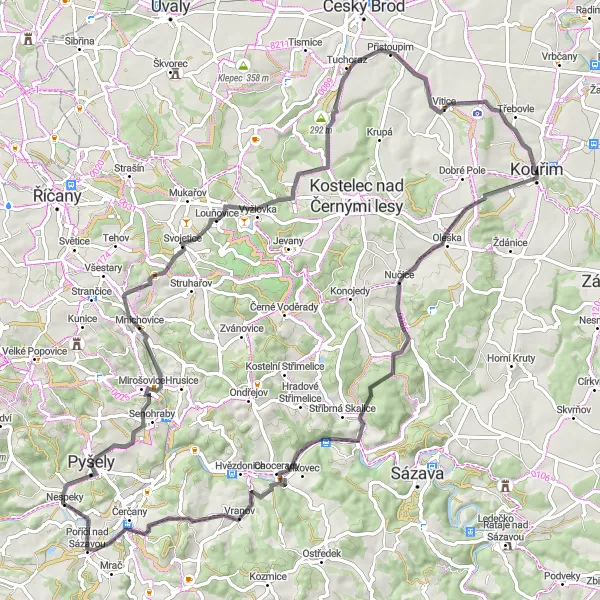 Miniaturní mapa "Silniční cyklotrasa kolem Kouřimi" inspirace pro cyklisty v oblasti Střední Čechy, Czech Republic. Vytvořeno pomocí plánovače tras Tarmacs.app
