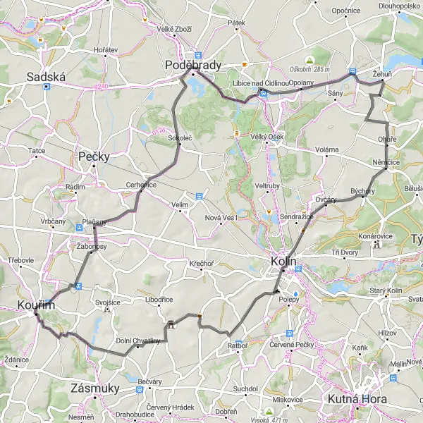 Map miniature of "Kouřim Road Route" cycling inspiration in Střední Čechy, Czech Republic. Generated by Tarmacs.app cycling route planner