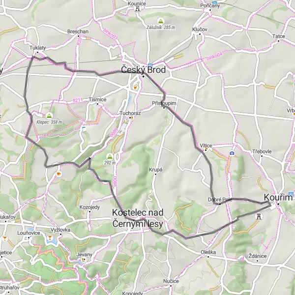 Miniaturní mapa "Okruh kolem Kouřimi" inspirace pro cyklisty v oblasti Střední Čechy, Czech Republic. Vytvořeno pomocí plánovače tras Tarmacs.app