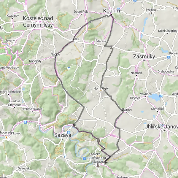 Miniaturní mapa "Podhorský okruh kolem Kouřimi" inspirace pro cyklisty v oblasti Střední Čechy, Czech Republic. Vytvořeno pomocí plánovače tras Tarmacs.app